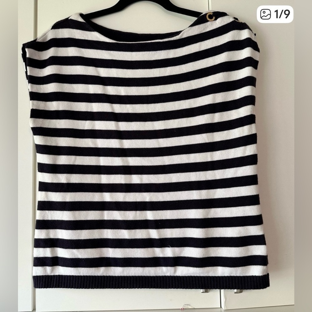 ⚓ Lauren Ralph Lauren Navy White Striped Lace-Up Shoulder Sweater Top L